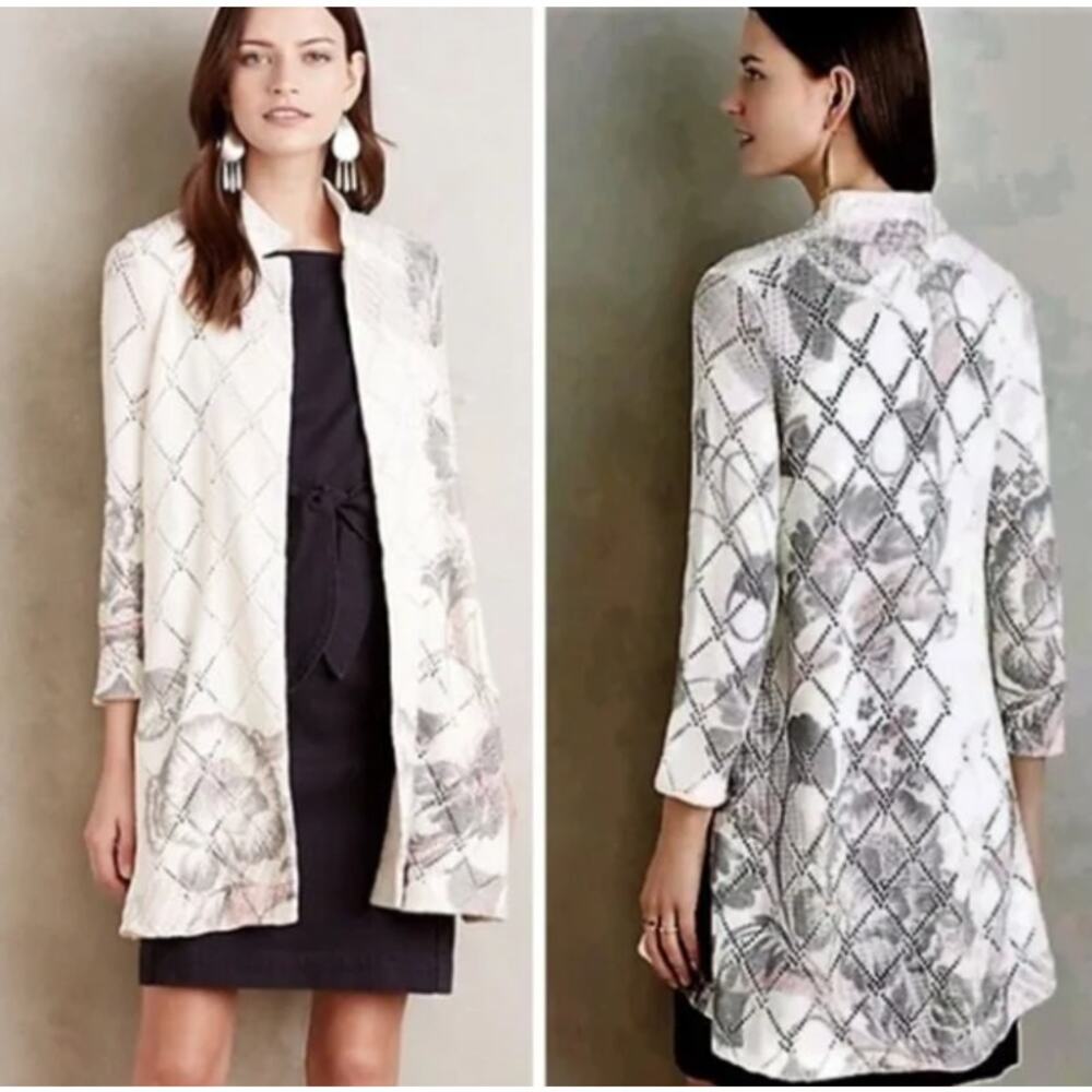 Anthropologie Knitted and Knotted LongLine Floral Print Cardigan Sweater White M